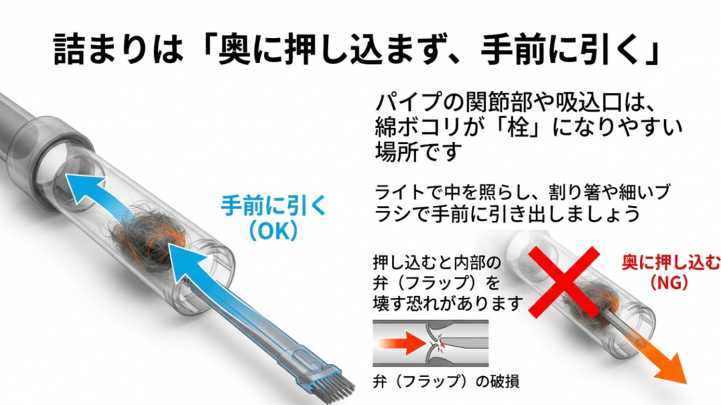 パイプの詰まりを取る際は、奥に押し込まず手前に引き出すことを推奨する図。弁の破損を防ぐため