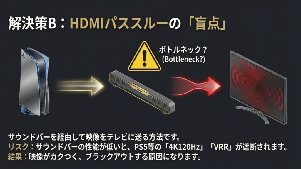 HDMIパススルーのリスク サウンドバーのパススルーによる映像のボトルネック