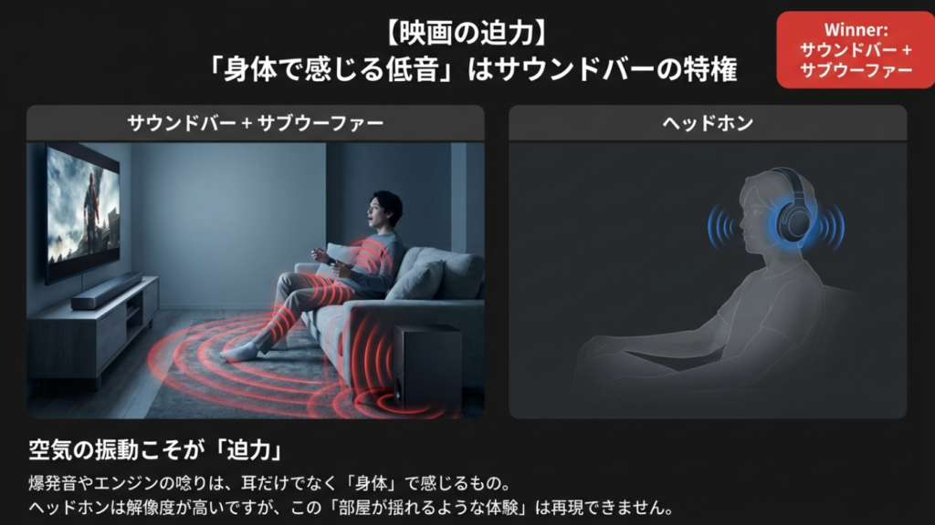 サウンドバーとサブウーファーによる身体で感じる低音体験のイメージ図