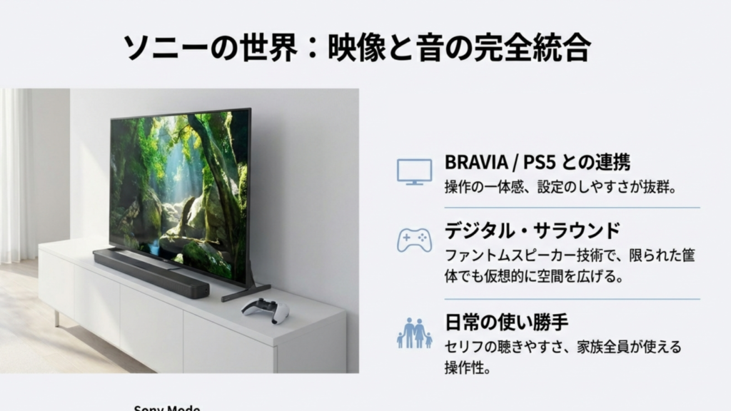 ソニーのサウンドバーの特徴。BRAVIAやPS5との連携、仮想空間演出