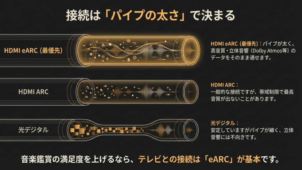 HDMI eARC、ARC、光デジタルの帯域幅をパイプの太さで比較した図
