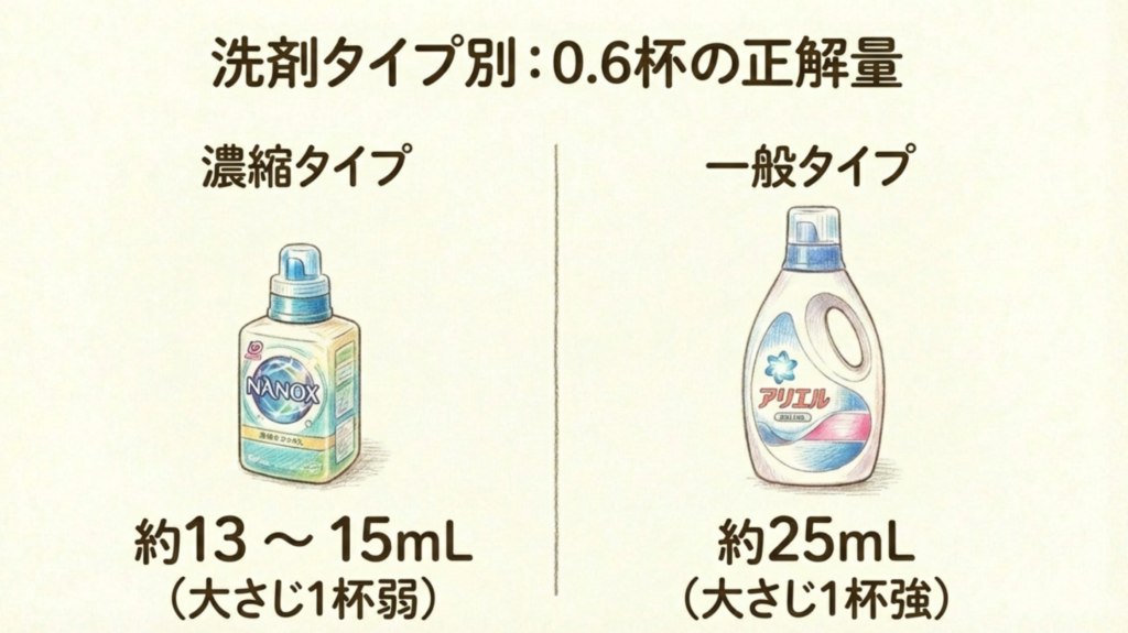 洗剤タイプ別の0.6杯の正解量。濃縮タイプ（NANOX等）は約13-15mL、一般タイプ（アリエール等）は約25mL