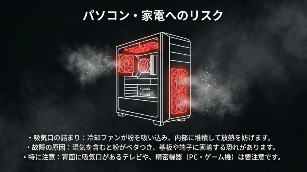 パソコン内部のファンやヒートシンクに白い粉が堆積するリスク図解