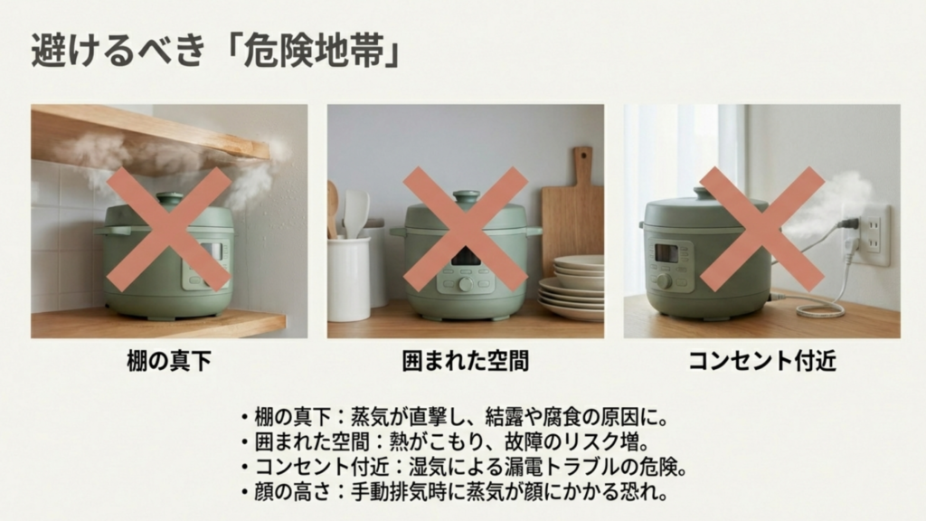 避けるべき危険地帯 電気圧力鍋の避けたい設置場所(吊り戸棚の下やコンセント付近)