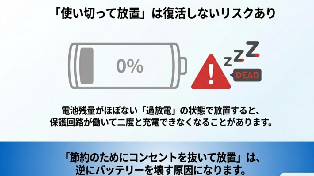 電池残量ゼロで放置するとバッテリーが復活しなくなる過放電の警告図