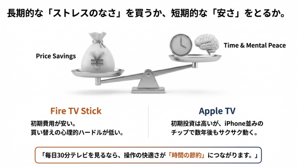 価格の安さと時間・精神的な平和を天秤にかけているイメージ