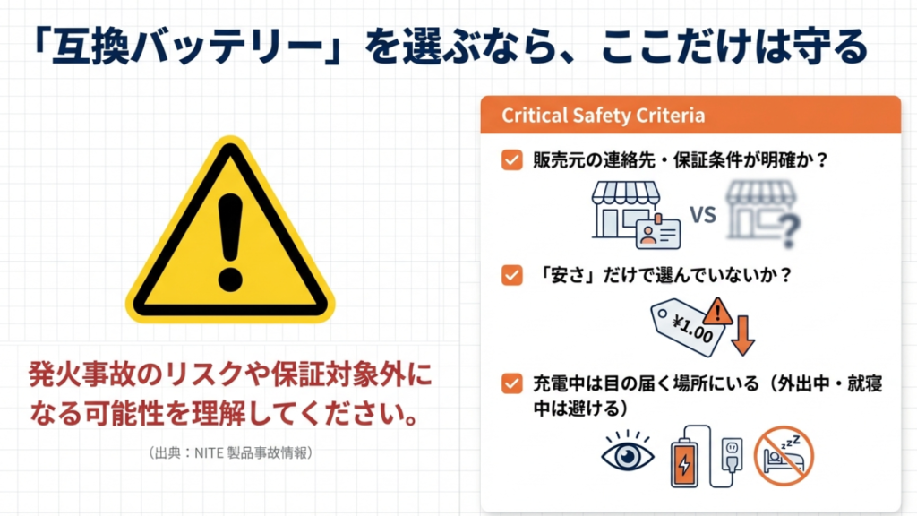 互換バッテリーの注意点:販売元の明確さ、発火リスク、充電中の監視など