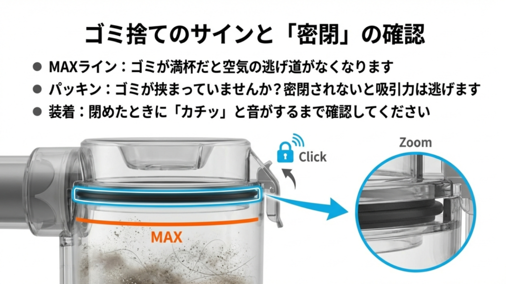 ダストカップのMAXラインとパッキンの密閉を確認するポイント図解