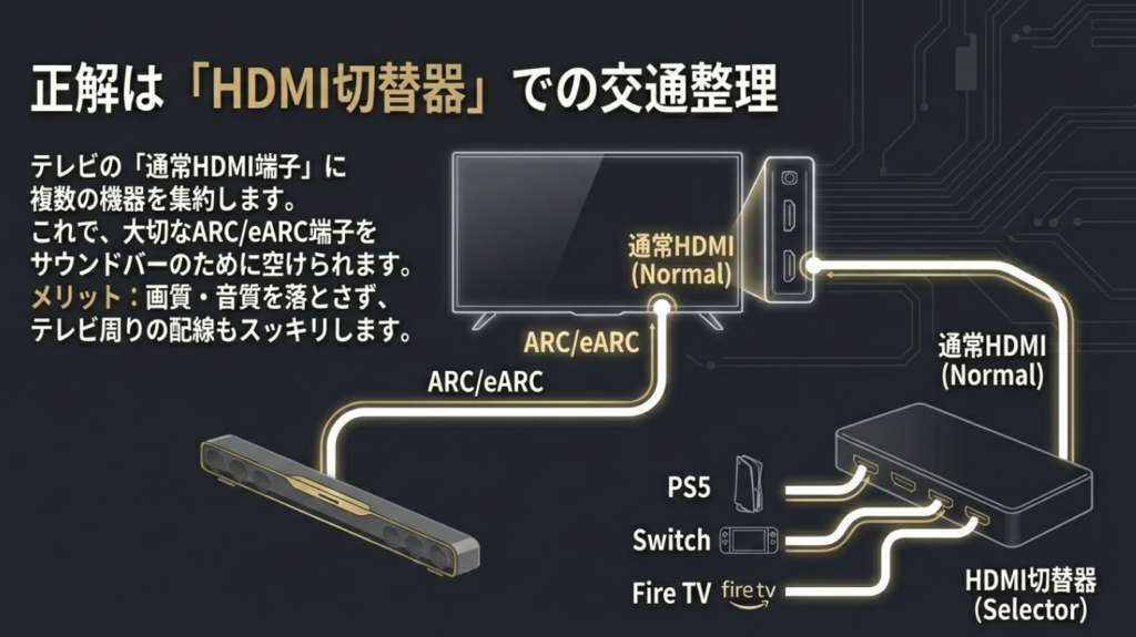 HDMI切替器での交通整理 HDMI切替器を使って通常HDMI端子に機器を集約