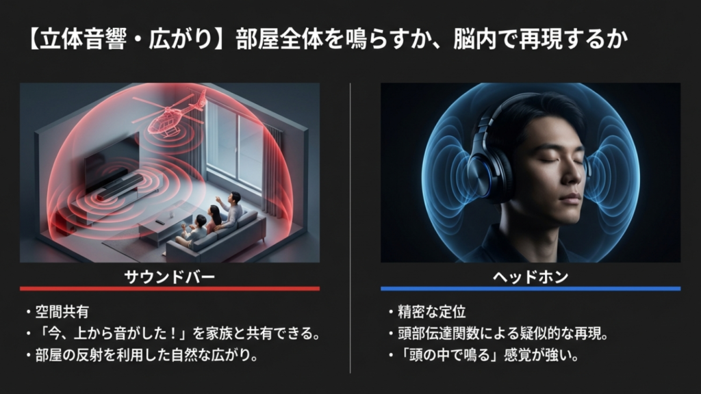 サウンドバーによる部屋全体の空間オーディオと、ヘッドホンの脳内定位の比較