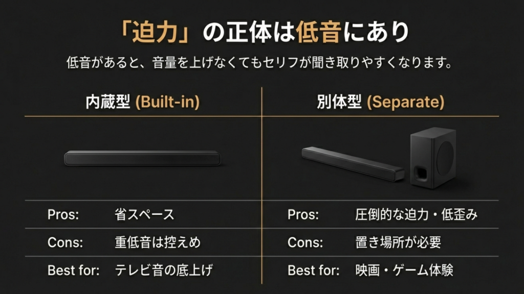 内蔵型と別体型サブウーファーのメリット・デメリット比較表