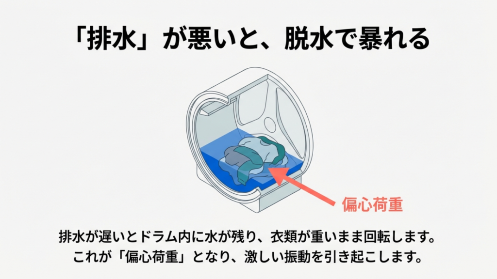 排水不良による偏心荷重とドラム式洗濯機の暴れ 排水不良による偏心荷重とドラム式洗濯機の暴れ