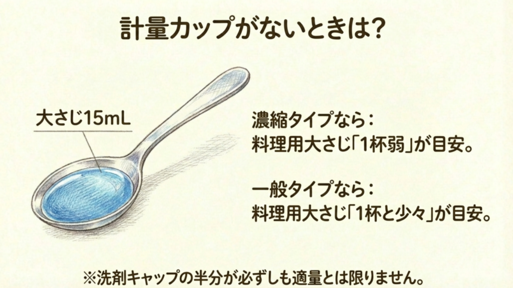 計量カップがない時は料理用大さじ（15mL）が目安。濃縮タイプは大さじ1杯弱、一般タイプは大さじ1杯と少々