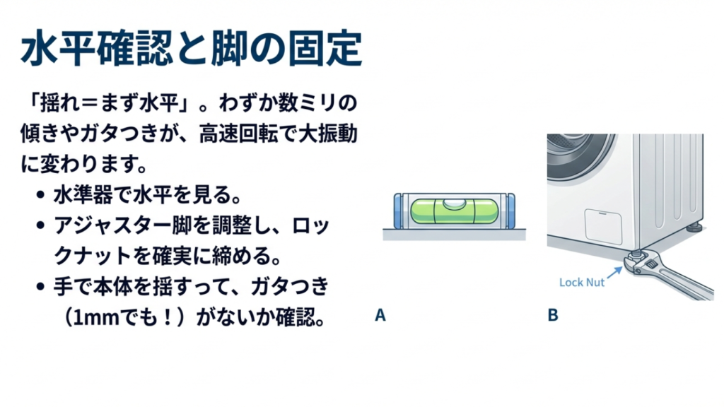 水平確認と脚の固定 ドラム式洗濯機の水平確認とアジャスター脚のロックナット固定方法
