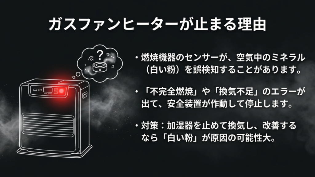 ガスファンヒーターが白い粉（ミネラル）を誤検知して停止する仕組み