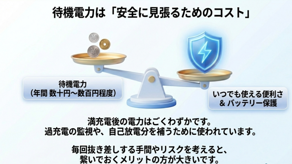 待機電力は安全監視のためのコストであり年間数十円程度であることの説明