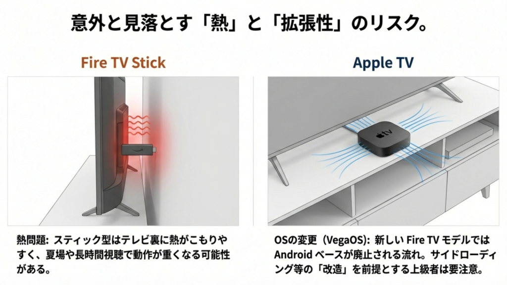テレビ裏の熱がこもりやすいFire TV Stickと放熱に有利なApple TVの設置イメージ