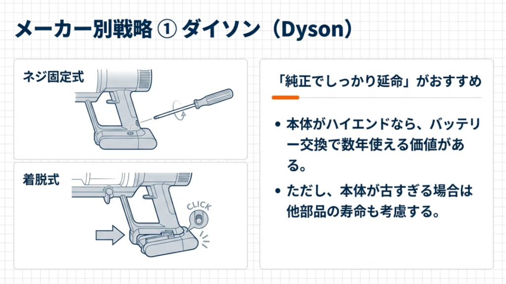 ダイソン掃除機のバッテリータイプ:ネジ固定式と着脱式(カチッとはまるタイプ)の違い