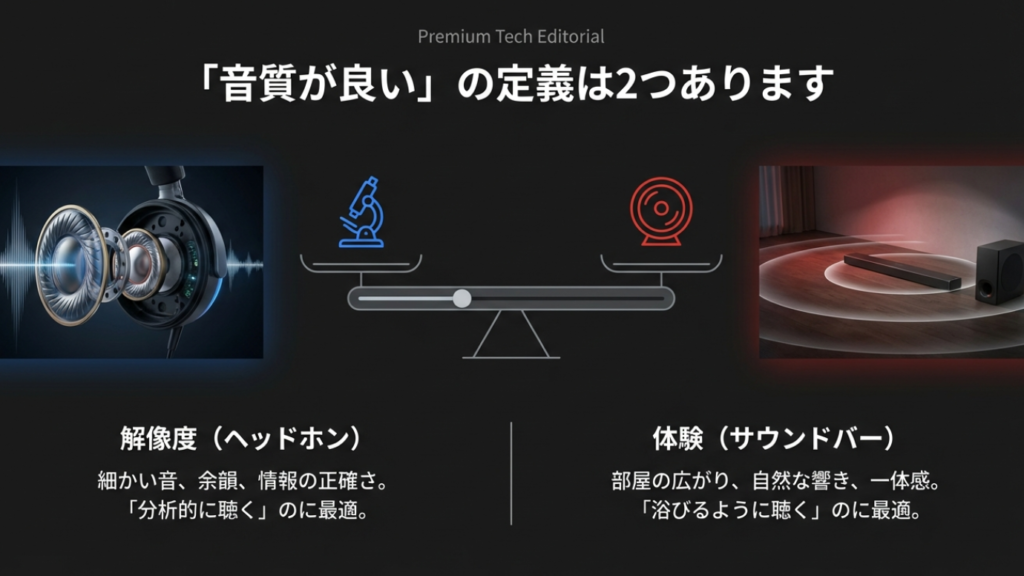 ヘッドホンの解像度とサウンドバーの体験（広がり）の天秤比較図