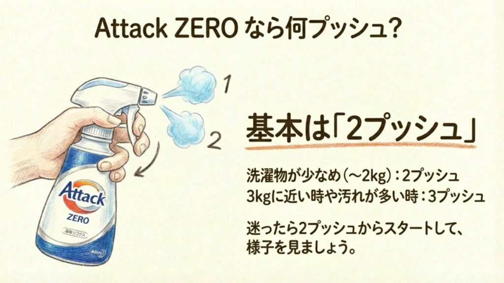 Attack ZEROなら何プッシュ？基本は2プッシュ。洗濯物が少なめなら2プッシュ、3kgに近い時は3プッシュ