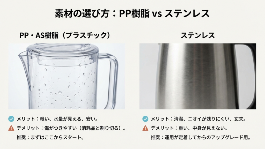 給水容器の素材比較：PP樹脂とステンレス