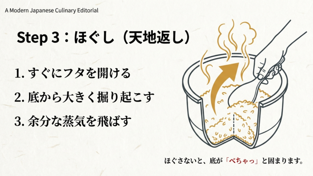 ほぐしは天地返しで。すぐにフタを開け、底から大きく掘り起こして余分な蒸気を飛ばす