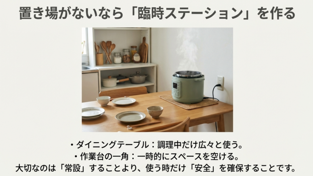 臨時ステーションの構築 ダイニングテーブルを電気圧力鍋の臨時ステーションとして活用