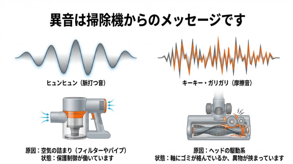 ヒュンヒュン(脈動音)とキーキー(摩擦音)の波形イラストと、それぞれの原因(詰まり・ヘッド駆動系)の対比図