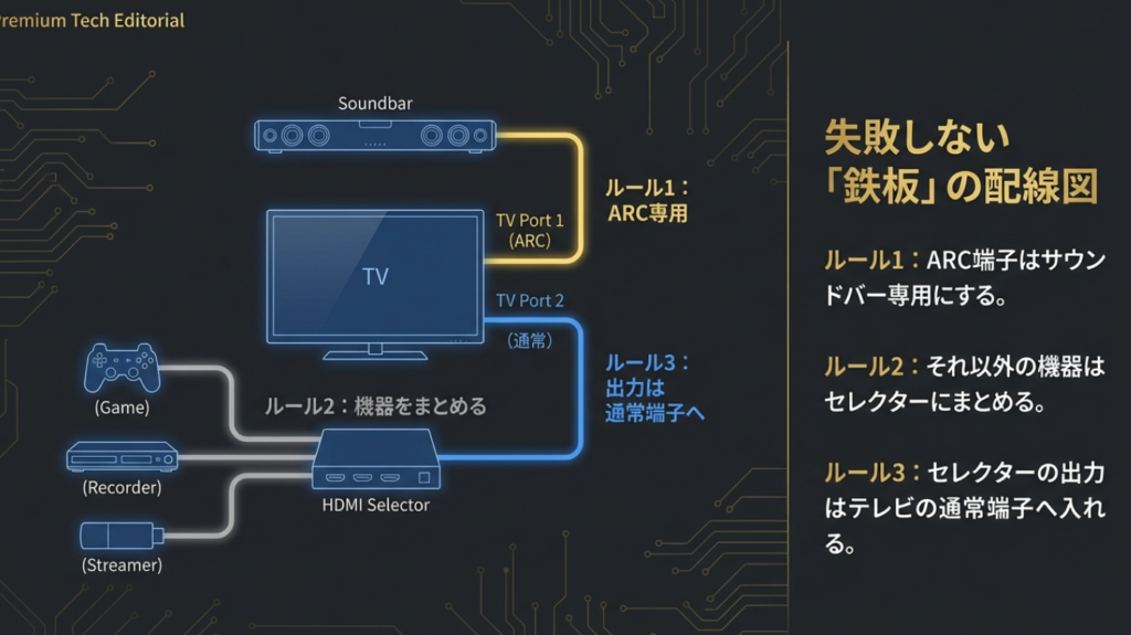 失敗しないHDMI配線図 サウンドバーとHDMIセレクターを使った失敗しない鉄板の配線図