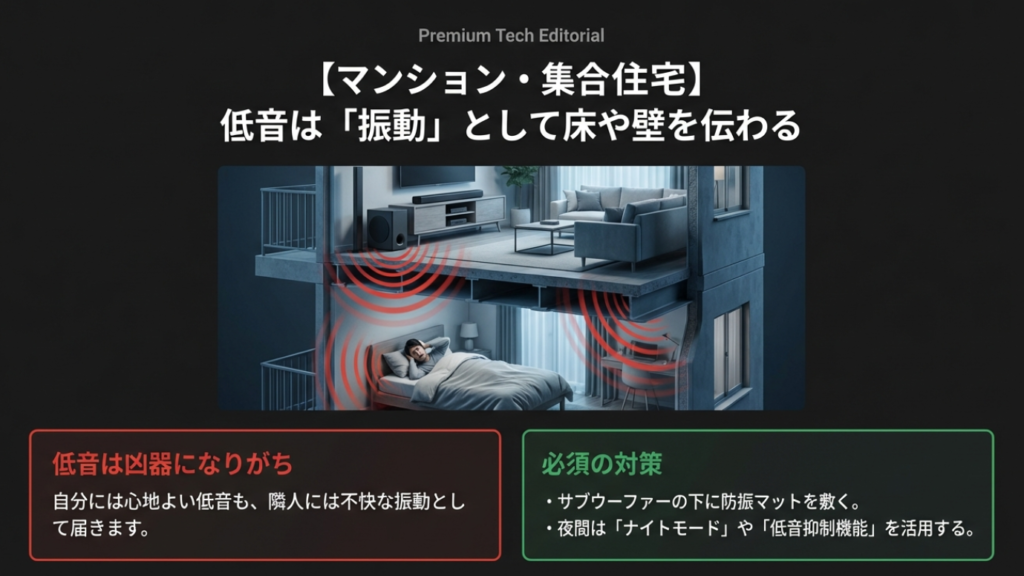 マンションの階下へ伝わる低音振動の断面図イラストと対策