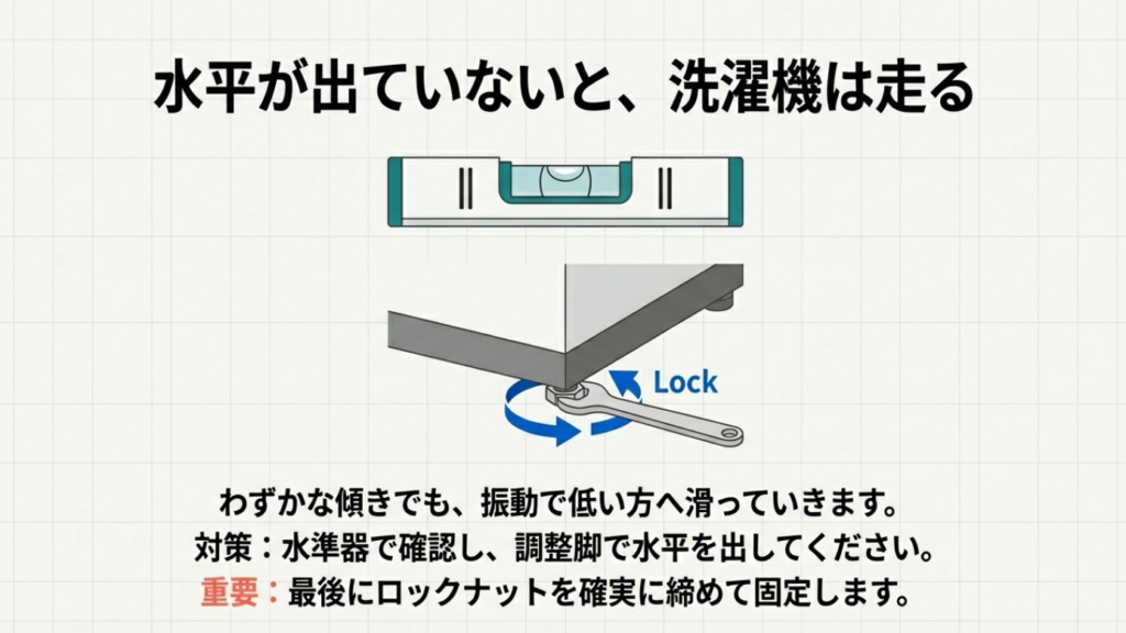 洗濯機の水平調整とロックナットの固定方法 洗濯機の水平調整とロックナットの固定方法
