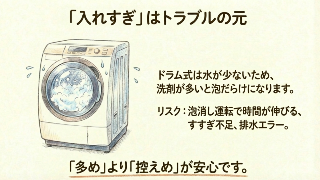 入れすぎはトラブルの元。ドラム式は水が少ないため、洗剤が多いと泡だらけになり、すすぎ不足や排水エラーのリスクがあります