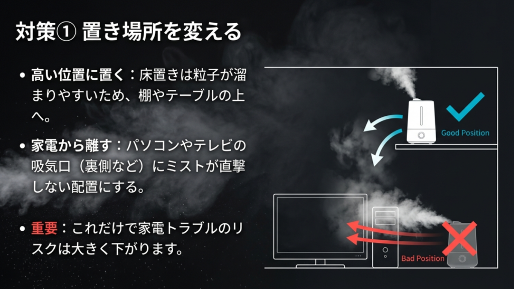 加湿器の正しい置き場所（高い位置）とNGな置き場所（PCの近く）