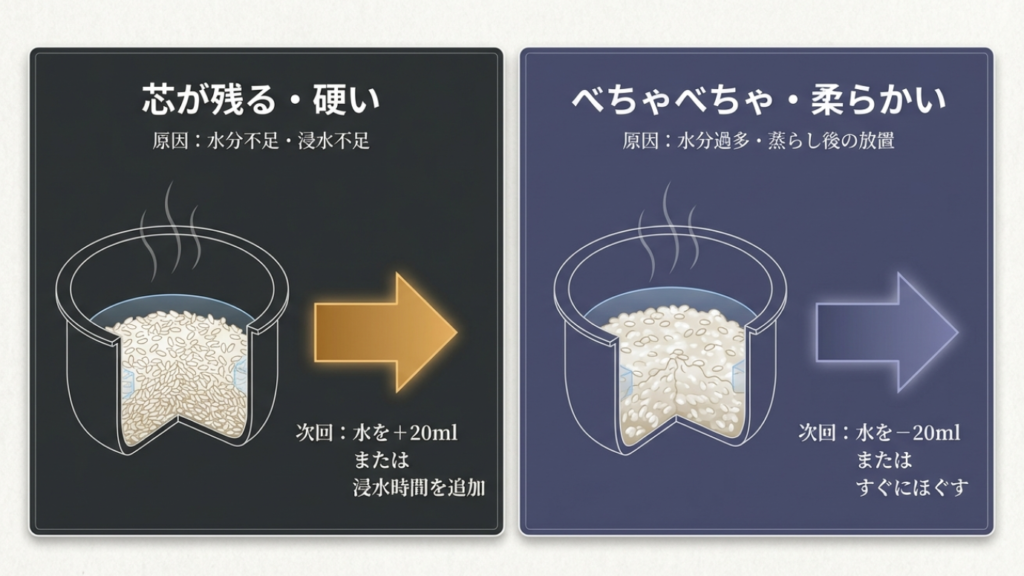 芯が残るのは水分不足。べちゃべちゃは水分過多。原因別に対策をチャートで解説