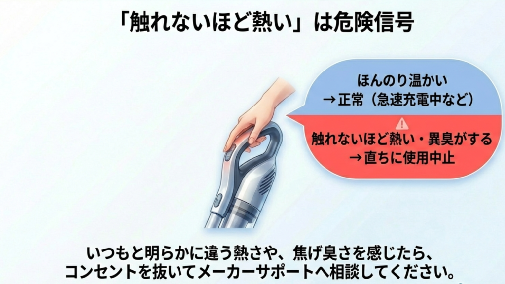 触れないほど熱い場合や異臭がする場合は使用中止すべき警告