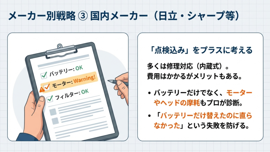 国内メーカーの修理メリット:バッテリー以外のモーターやフィルターもプロが点検してくれる