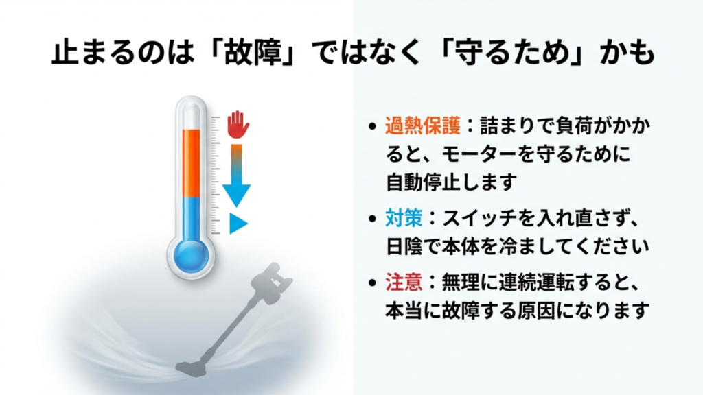 掃除機が過熱して止まった際、日陰で冷ますことを推奨するアイコン