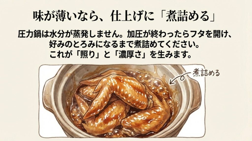 圧力調理後にフタを開けて煮汁を煮詰め、手羽元に照りを出す様子のイラスト