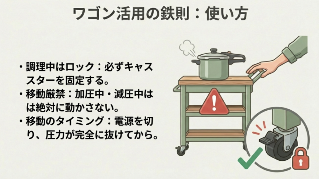 キャスター付きワゴン使用時の注意点(調理中はロック、移動厳禁)