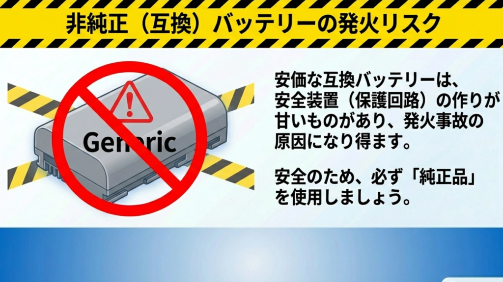 安価な互換バッテリーの危険性と純正品使用を推奨する警告図