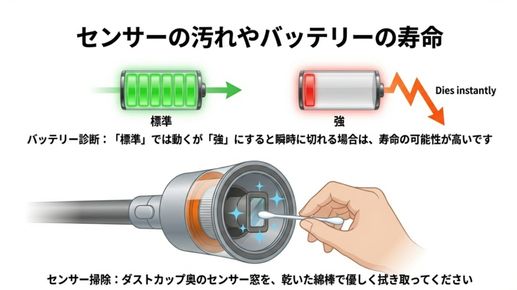 バッテリーが強モードですぐ切れる症状と、センサーの汚れを綿棒で掃除するイラスト