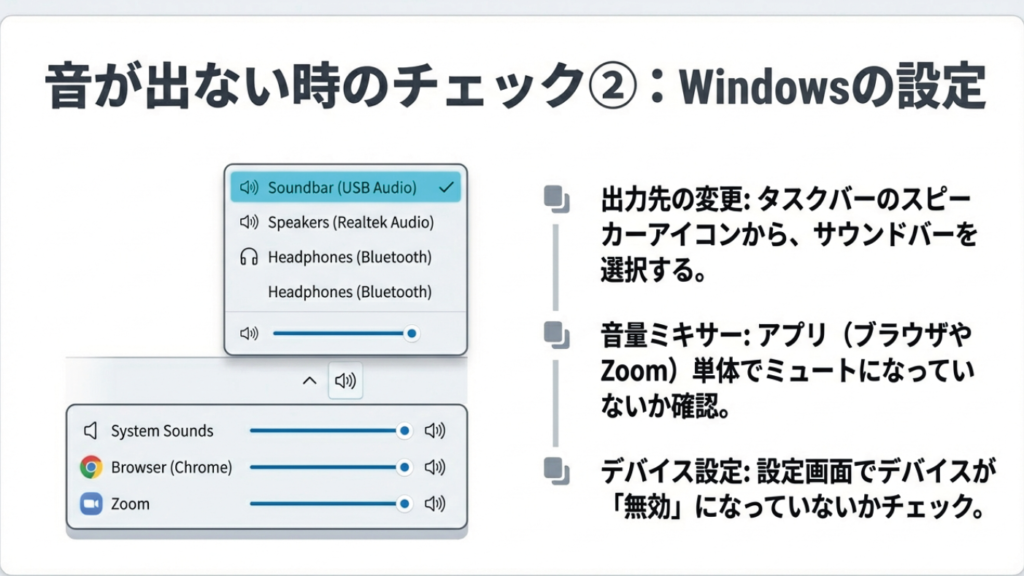 Windowsのサウンド設定チェック Windowsの出力先変更、音量ミキサー、デバイス有効化の確認