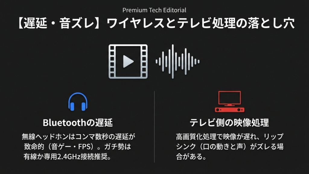 ワイヤレス遅延のイメージ。Bluetoothの遅延とテレビ映像処理による音ズレ