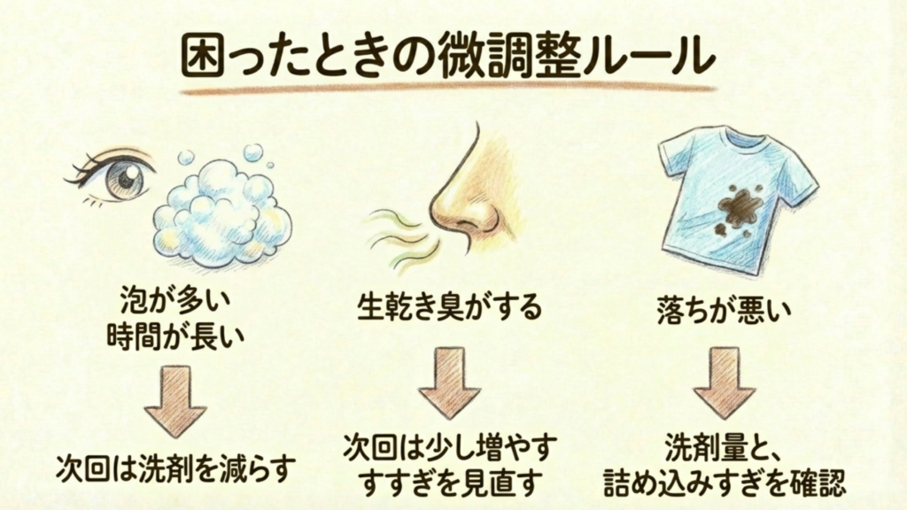 困ったときの微調整ルール。泡が多い・時間が長い時は次回洗剤を減らす。生乾き臭がする時は次回少し増やす