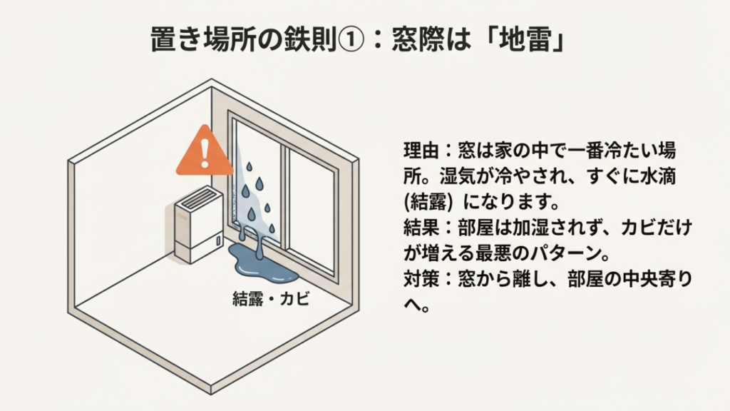 加湿器を窓際に置くと結露とカビの原因になるNG例のイラスト