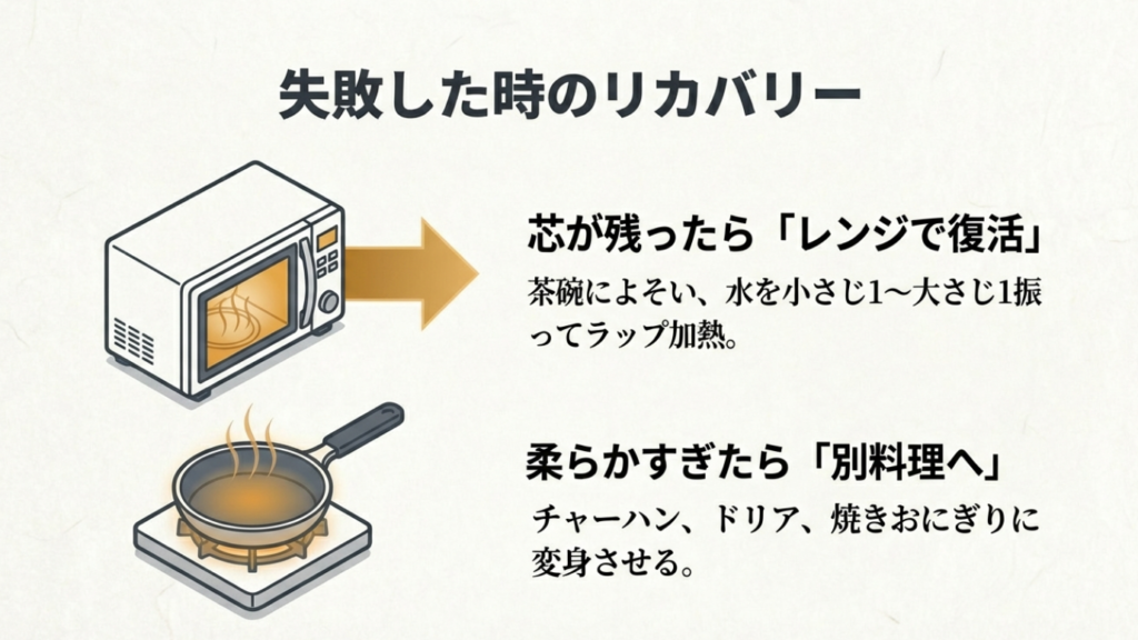 失敗した時のリカバリー方法。芯が残ったらレンジで復活。柔らかすぎたらチャーハンやドリアへ変身