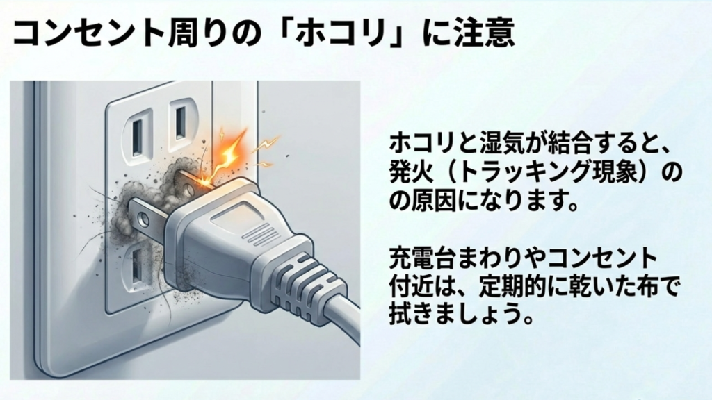 コンセント周りのホコリと湿気が引き起こすトラッキング火災の注意喚起