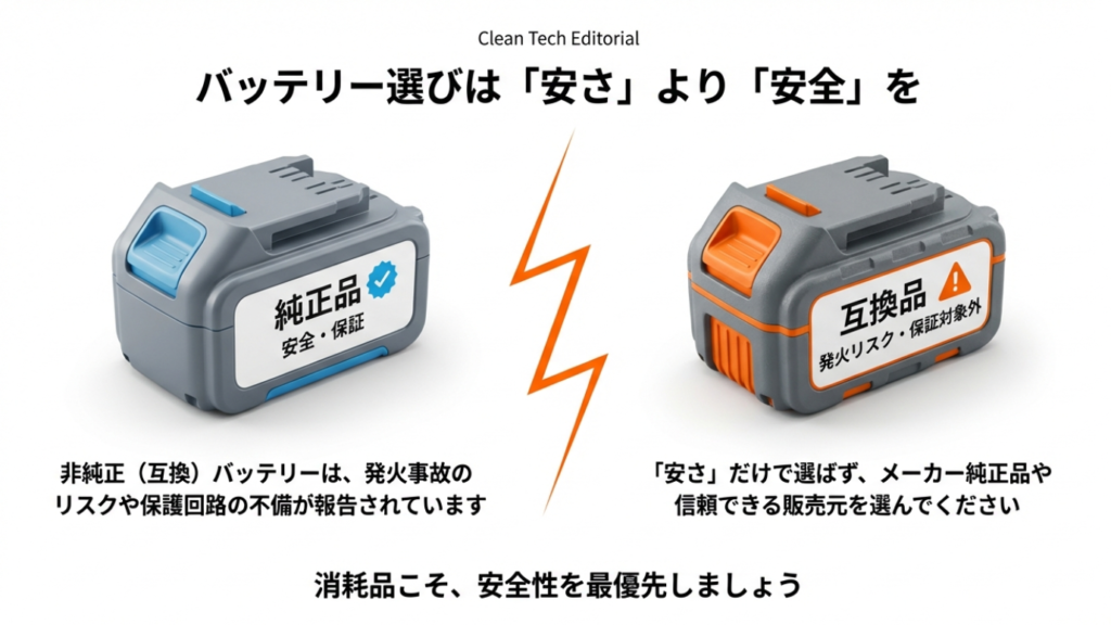 純正バッテリーの安全性と、互換バッテリーの発火リスク・保証対象外を警告する比較図