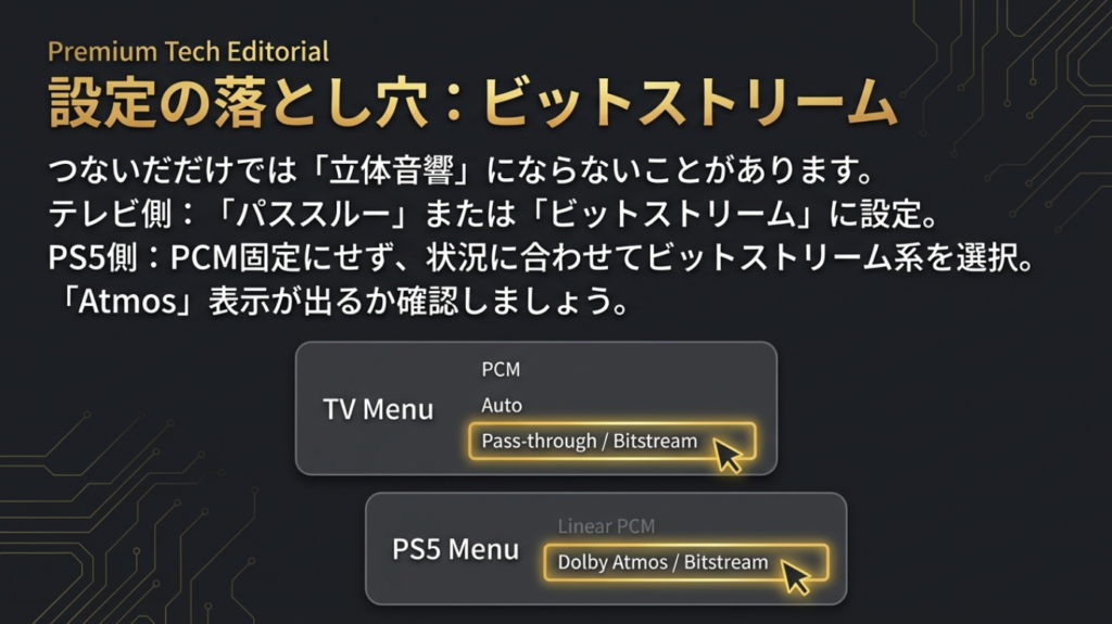 PS5の音声出力設定 PS5やテレビの音声出力をビットストリームやDolby Atmosに設定