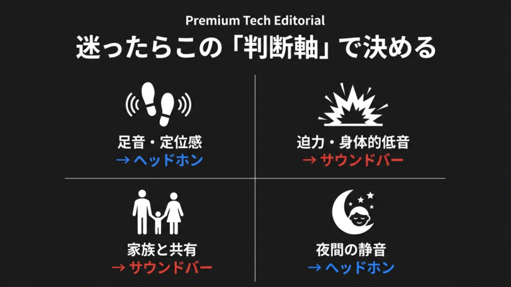 判断軸のまとめ：足音ならヘッドホン、迫力ならサウンドバーなどのアイコン一覧